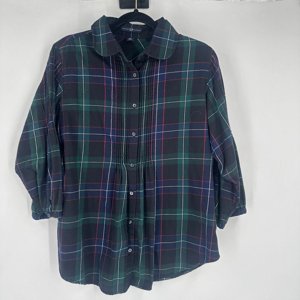 Gap Y2K Women’s Button Down Shirt Size L Holiday Tartan Plaid Green Red Pleated - Picture 2 of 10